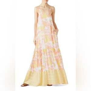 Paradised Aida White Orange & Yellow Hawaiian Horse Print Tiered Maxi Dress